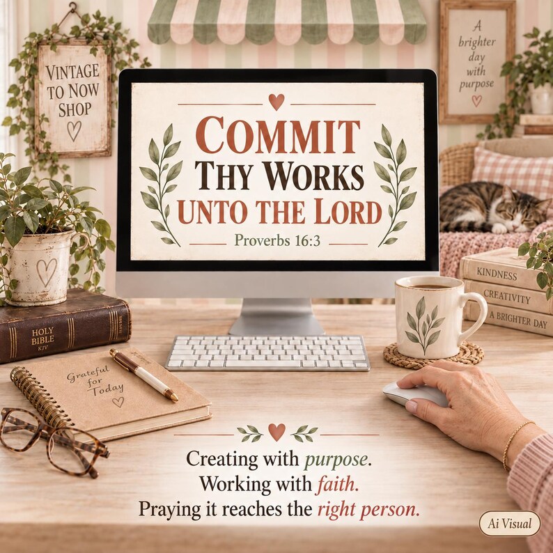 May include: A computer monitor displaying the text COMMIT THY WORKS UNTO THE LORD Proverbs 16:3 with leaf illustrations. On the desk are a spiral notebook with the text Grateful for Today, a pen, eyeglasses, and a mug with a leaf design.