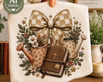 Christian Faith Garden PNG Grow in Faith Bible Cottagecore Watering Cans Digital Download Checkered Coquette Bow Shabby Chic Sublimation