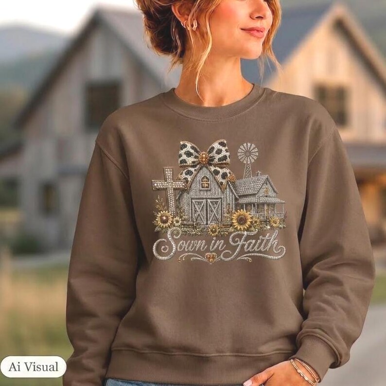 May include: A brown crewneck sweatshirt featuring a graphic print of a barn, a cross, and a windmill adorned with sunflowers and a leopard print bow. The text "Sown in Faith" is printed in a cursive script below the central barn illustration.