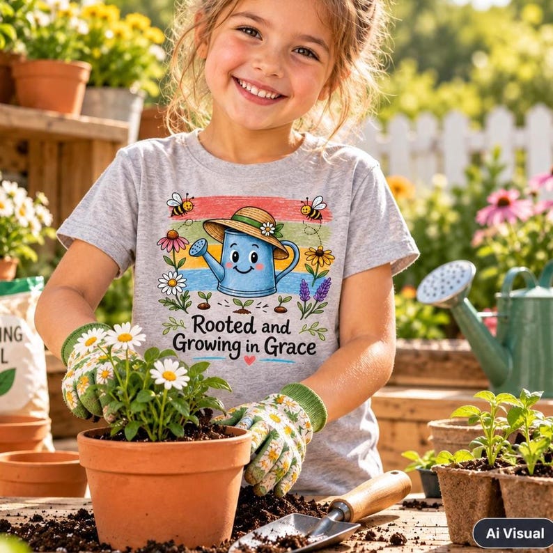 Little girl wearing grey T‑shirt featuring cheerful watering‑can garden design with flowers, bees and sprouts, ‘Rooted and Growing in Grace’ inspirational message while planting a seedling in terra cotta pot, digital PNG sublimation graphic.