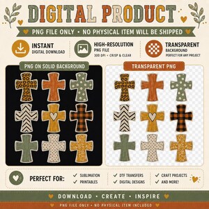 Religious PNG Faith Clipart Christian Cross Graphics Digital Download Instant Access Gospel Design Collection Rustic Western Country Style Leopard Print Buffalo Plaid Autumn Theme Distressed Patterns Perfect Sublimation Projects