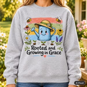 Christian garden watering‑can graphic with flowers, bees and sprouts, ‘Rooted and Growing in Grace’ inspirational message on grey women’s sweatshirt, cozy farmhouse religious apparel, PNG sublimation download.