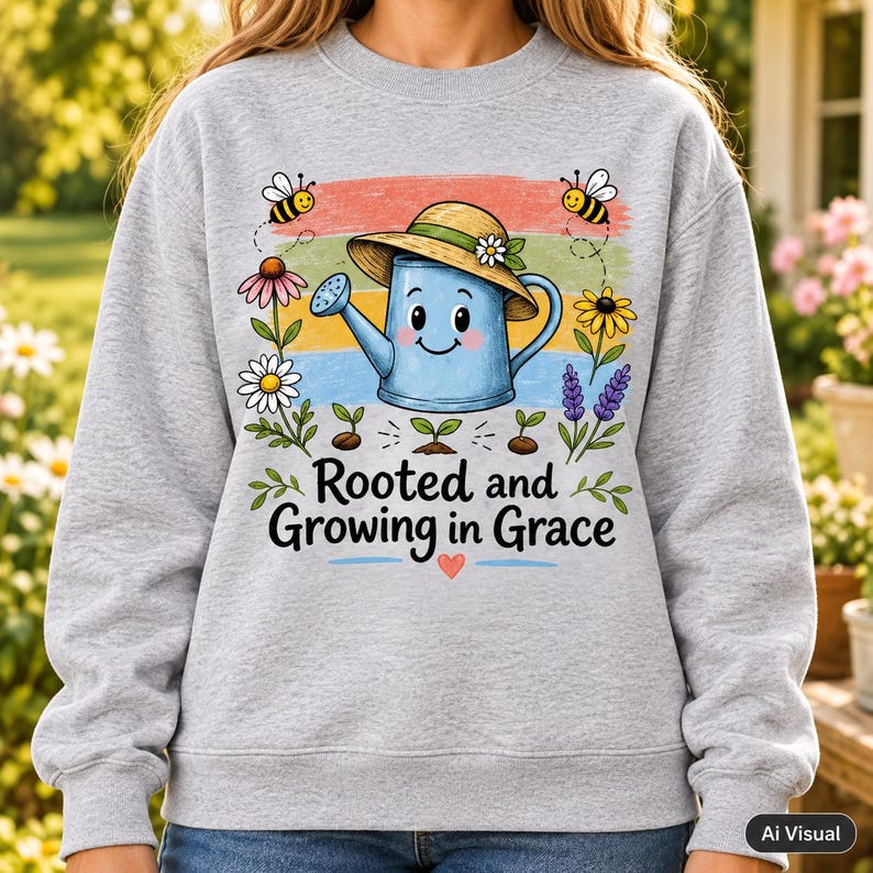 Christian garden watering‑can graphic with flowers, bees and sprouts, ‘Rooted and Growing in Grace’ inspirational message on grey women’s sweatshirt, cozy farmhouse religious apparel, PNG sublimation download.