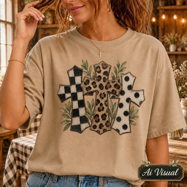 PNG File Transparent Background of A tan short-sleeve t-shirt featuring a graphic print of three crosses. The left cross has a black and white checkered pattern, the center cross has a brown leopard print, and the right cross has a white and black polka dot pattern. Digital sublimation instant download.