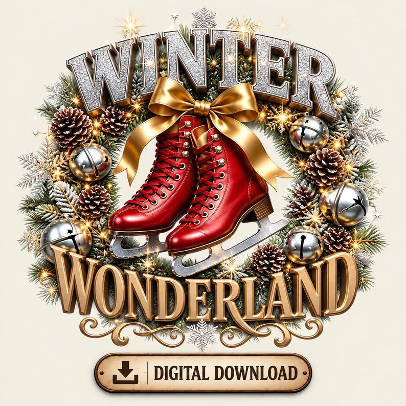 Puede incluir: Una corona decorativa con un par de patines de hielo rojos, pi&ntilde;as y cascabeles plateados. El texto WINTER WONDERLAND aparece en letras doradas y plateadas. Un bot&oacute;n en la parte inferior dice DIGITAL DOWNLOAD con un icono de descarga.