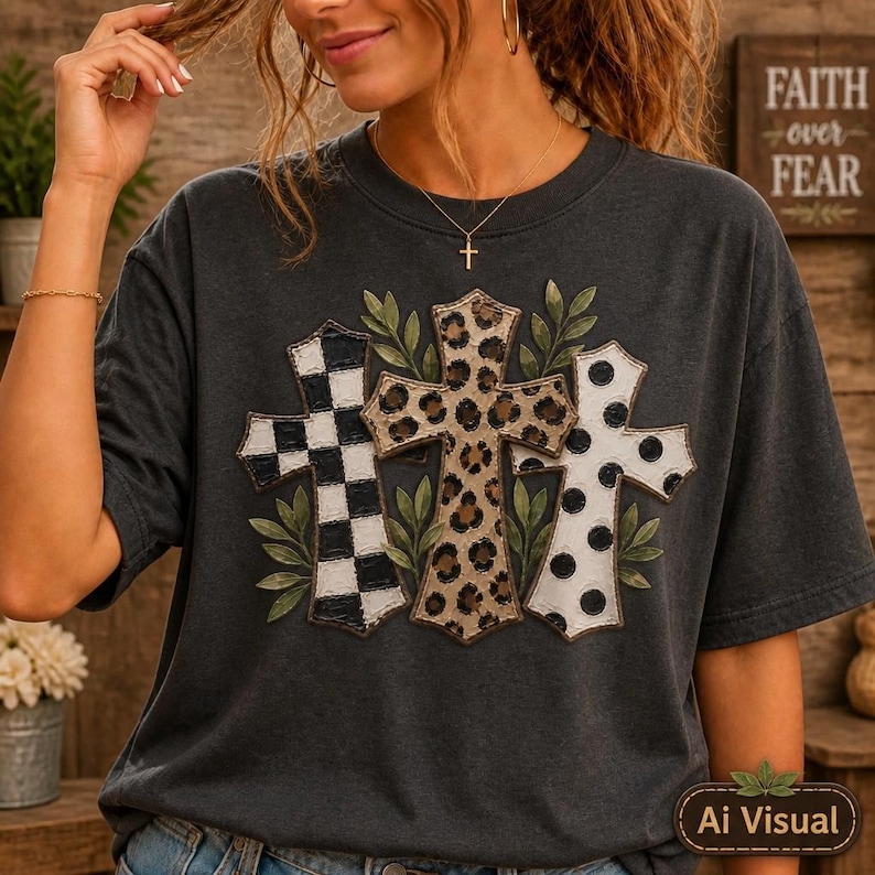 Digital sublimation instant download of A charcoal gray t-shirt featuring a graphic of three crosses arranged side by side. The left cross has a black and white checkerboard pattern, the center cross has a brown leopard print, and the right cross is white with black polka dots. PNG file transparent background.
