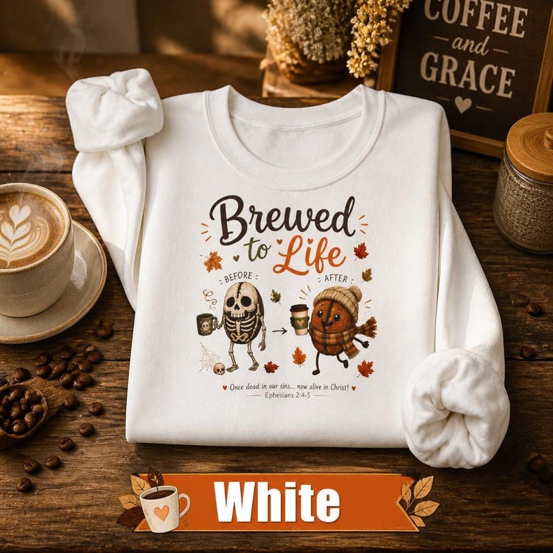 Coffee Sweatshirt Unisex Fall Crewneck Perfect Gift Coffee Lover Autumn Cozy Apparel Illustrated Coffee Bean Stick Figure Food Design Cute Characters Brewed To Life Theme Seasonal Comfort Wear Soft Midweight Fabric Barista Gift Idea Warm Casual Clothing Enthusiast Christian Women Christian Men Apparel Christian Gift Religious Top