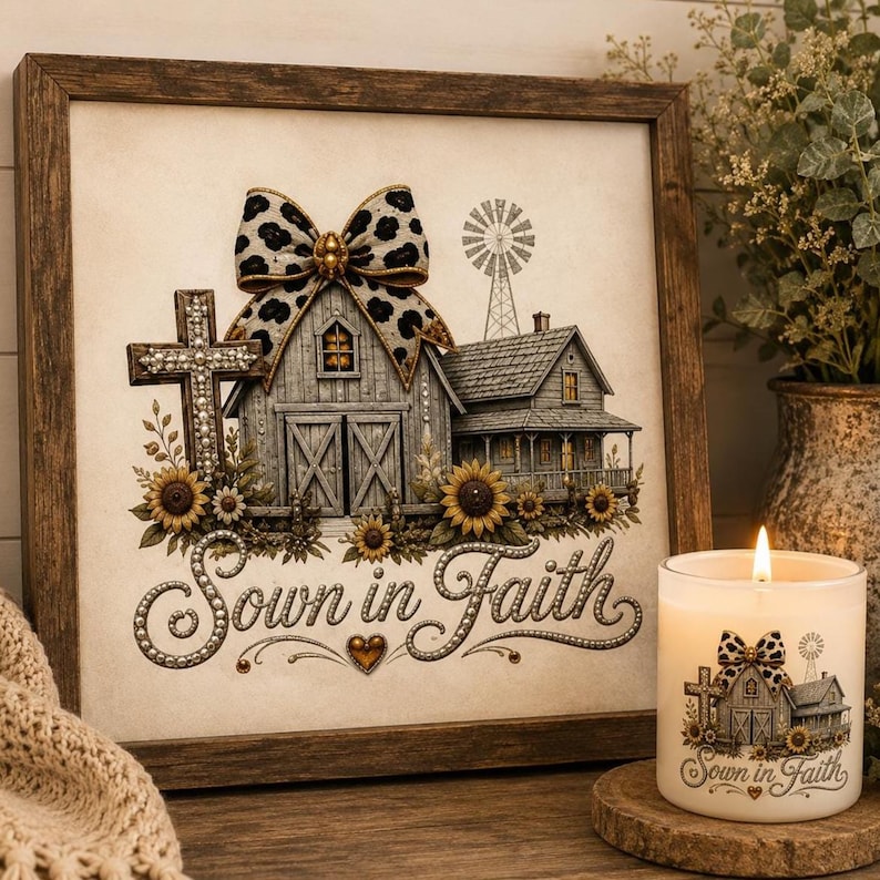May include: A square framed wall art piece and a matching candle, both featuring a rustic barn, a cross, a windmill, and sunflowers with a leopard print bow. The text "Sown in Faith" is written in a decorative script font on both items.