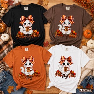 Christian Autumn Graphic Tee Kawaii Cat Lover Shirt Cozy Fall Wear Funny Feline Top Striped Coquette Bow Pumpkin Spice Shirt Gift Halloween Bild 19
