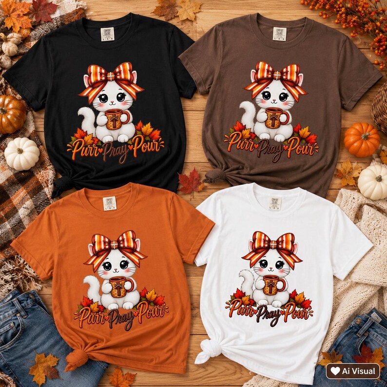 Christian Autumn Graphic Tee Kawaii Cat Lover Shirt Cozy Fall Wear Funny Feline Top Striped Coquette Bow Pumpkin Spice Shirt Gift Halloween Bild 19