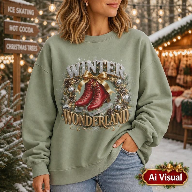 Puede incluir: Una sudadera de cuello redondo color verde salvia con un estampado gr&aacute;fico de patines de hielo rojos dentro de una corona de pi&ntilde;as y adornos plateados. El texto "WINTER WONDERLAND" est&aacute; impreso en una fuente met&aacute;lica dorada y plateada.