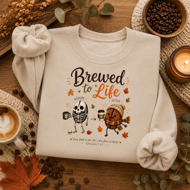 Coffee Sweatshirt Unisex Fall Crewneck Perfect Gift Coffee Lover Autumn Cozy Apparel Illustrated Coffee Bean Food Stick Figure Design Cute Characters Brewed To Life Theme Seasonal Comfort Wear Soft Midweight Fabric Barista Gift Idea Warm Casual Clothing Enthusiast Christian Women Christian Men Apparel