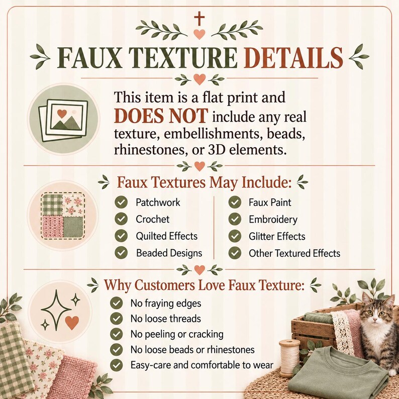May include: An informational graphic titled FAUX TEXTURE DETAILS with a cream background and green stripes. It explains that the product is a flat print without real 3D elements, lists faux textures like patchwork and embroidery, and benefits like no fraying.