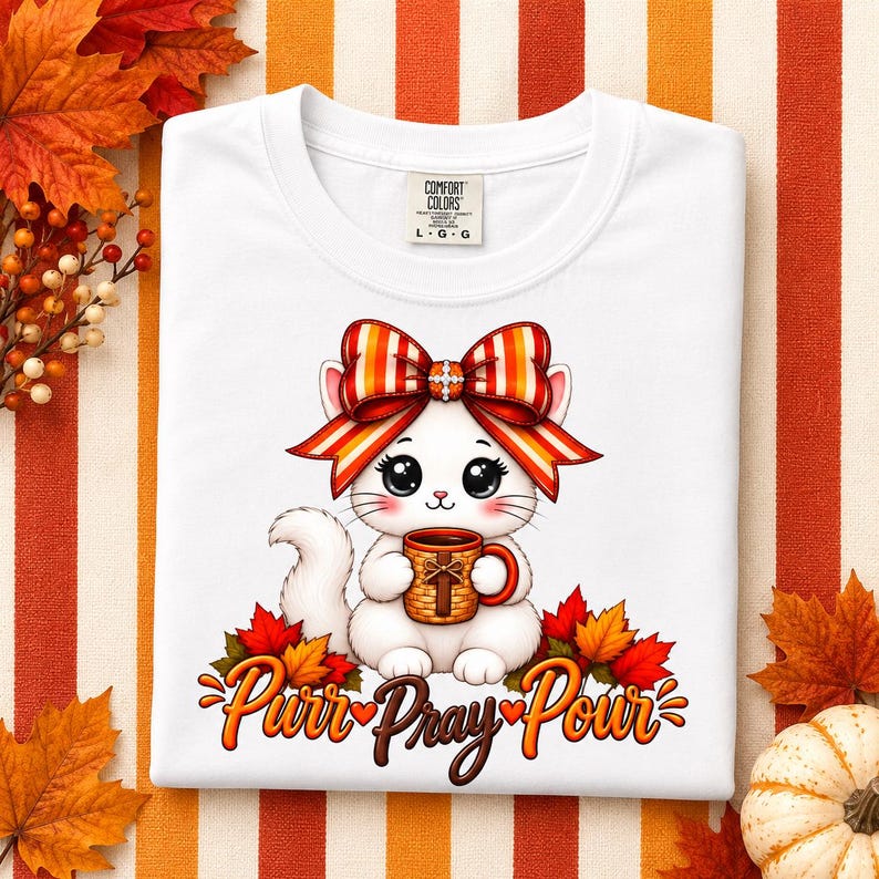 Autumn Graphic Tee Kawaii Cat Lover Gift Perfect Present Halloween Apparel Cozy Fall Wear Unisex Clothing Stripes Bow Design White Cat Illustration October Themed Shirt Garment Dyed Cotton Comfortable Casual Style Daily Wear Outfit Seasonal Funny Cat Top Christian Apparel