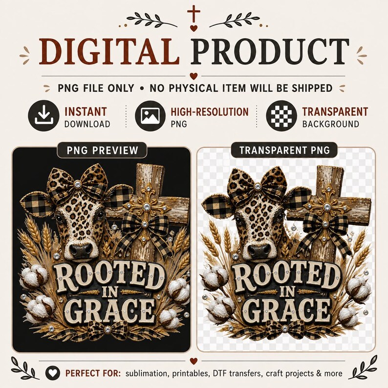 May include: A digital graphic design featuring a cow with a leopard print pattern, wearing a buffalo plaid bow, positioned next to a wooden cross with a plaid bow, wheat stalks, and cotton bolls, with the text ROOTED IN GRACE in bold letters.