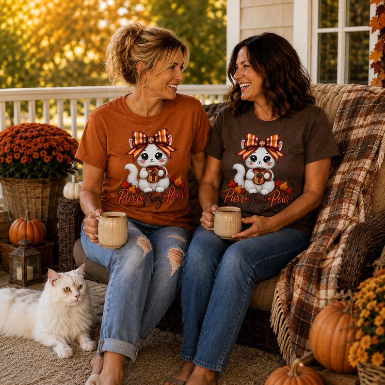 K&ouml;nnte beinhalten: Zwei kurz&auml;rmelige T-Shirts, eines in gebranntem Orange und eines in Dunkelbraun, mit einer Grafik eines wei&szlig;en K&auml;tzchens, das eine karierte Schleife tr&auml;gt und eine Tasse h&auml;lt, sowie dem Schriftzug Purr-Pray-Pour in kursiver Schrift.
