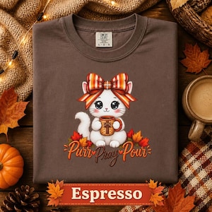 Garment Dyed Tee Autumn Graphic Shirt Kawaii Cat Design Soft Comfortable Fit Unisex Fall Apparel White Cat Illustration Striped Coquette Bow Detail Halloween Themed Clothing Cozy Casual Wear Cat Lover Gift October Fashion Perfect Present Daily Style Cat Coffee Humor Christian Outfit