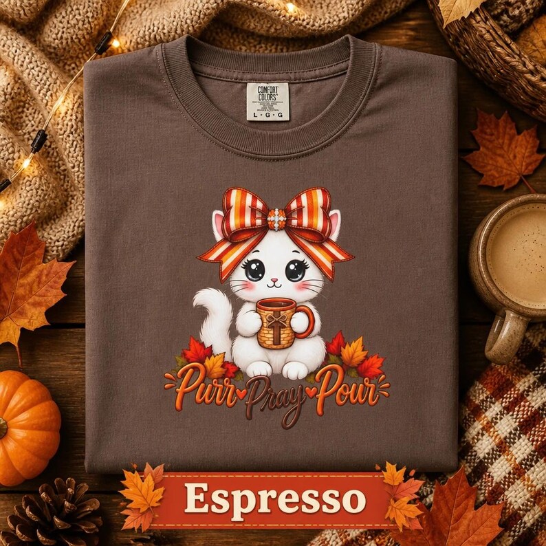 Garment Dyed Tee Autumn Graphic Shirt Kawaii Cat Design Soft Comfortable Fit Unisex Fall Apparel White Cat Illustration Striped Coquette Bow Detail Halloween Themed Clothing Cozy Casual Wear Cat Lover Gift October Fashion Perfect Present Daily Style Cat Coffee Humor Christian Outfit