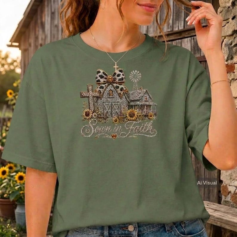May include: An olive green t-shirt featuring a graphic print of a barn, a cross, and a windmill decorated with sunflowers and a leopard print bow. The text Sown in Faith is printed in a cursive script below the barn illustration.