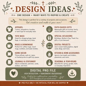Może przedstawiać: Grafika informacyjna zatytułowana DESIGN IDEAS zawierająca listę kategorii produkt&oacute;w, w tym odzież, torby, kubki, dekoracje do domu, dzienniki, prezenty religijne, specjalne okazje oraz akcesoria kuchenne.