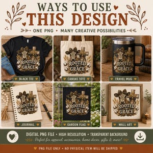 May include: A digital design featuring a cow with a leopard print bow, a cross, and cotton bolls with the text "ROOTED IN GRACE." The design is displayed on a black t-shirt, canvas tote, travel mug, spiral journal, garden flag, and framed wall art.