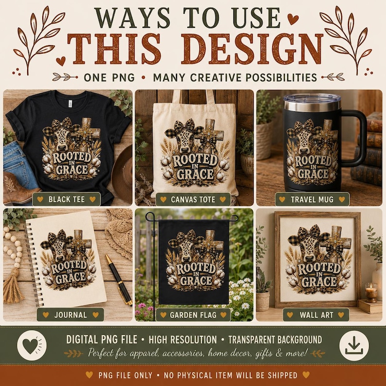 May include: A digital design featuring a cow with a leopard print bow, a cross, and cotton bolls with the text "ROOTED IN GRACE." The design is displayed on a black t-shirt, canvas tote, travel mug, spiral journal, garden flag, and framed wall art.
