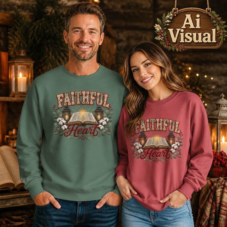May include: A sage green sweatshirt and a dusty rose sweatshirt, each featuring a graphic print of an open book, two lanterns, and cotton sprigs with the text "FAITHFUL Heart" in a decorative font centered on the chest of each garment.