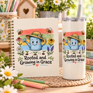 ⭐ Journal and Tumbler
Cheerful blue watering‑can garden design with flowers, bees and sprouts, ‘Rooted and Growing in Grace’ inspirational message printed on journal and tumbler, rustic farmhouse faith‑based gift set, PNG sublimation download.