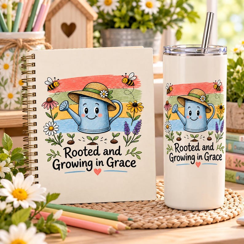 ⭐ Journal and Tumbler
Cheerful blue watering‑can garden design with flowers, bees and sprouts, ‘Rooted and Growing in Grace’ inspirational message printed on journal and tumbler, rustic farmhouse faith‑based gift set, PNG sublimation download.