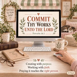 Puede incluir: Un monitor de computadora que muestra el texto COMMIT THY WORKS UNTO THE LORD Proverbs 16:3 con ilustraciones de hojas. En el escritorio hay un cuaderno de espiral con el texto Grateful for Today, un bol&iacute;grafo, gafas y una taza.