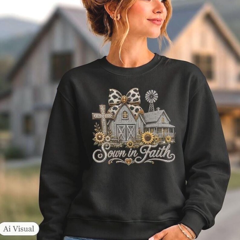 May include: A black crewneck sweatshirt featuring a graphic print of a barn, a cross, a windmill, and sunflowers. A large leopard print bow sits atop the barn. The text "Sown in Faith" is printed in a white cursive script below the illustration.