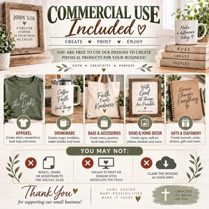 May include: A digital commercial use license graphic featuring text and examples of physical products like a t-shirt, mug, tote bag, framed sign, and notebook. The image outlines permissions for creating physical goods and restrictions on digital file sharing.