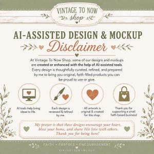 Może przedstawiać: Beżowa grafika informacyjna z tytułem Vintage To Now Shop AI-Assisted Design & Mockup Disclaimer. Zawiera tekst w kolorze oliwkowej zieleni, ikony serc oraz cztery okrągłe ilustracje przedstawiające komputer, pędzel, serce i torbę na zakupy.