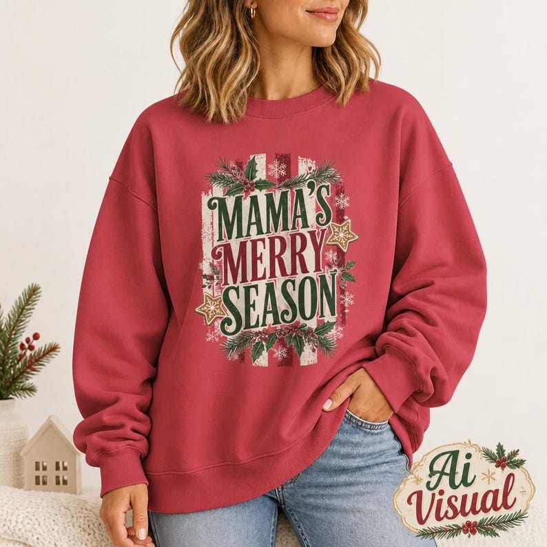 May include: A red crewneck sweatshirt featuring a graphic print with the text MAMA'S MERRY SEASON in dark green letters. The design includes white vertical stripes, green pine branches, red berries, and gold stars surrounding the text.