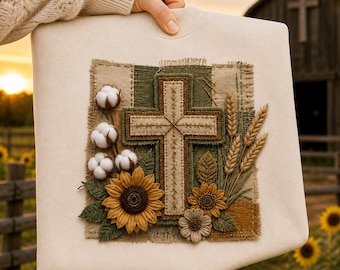 Croce di iuta Girasole PNG Stile rustico cristiano Design Download digitale Cotone Capsula Grano Country Rustico Patchwork Maglietta Sublimazione