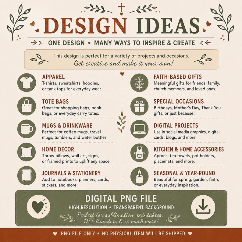 May include: An informational graphic titled DESIGN IDEAS featuring a list of product categories including apparel, tote bags, mugs, home decor, journals, faith-based gifts, special occasions, digital projects, kitchen accessories, and seasonal items.