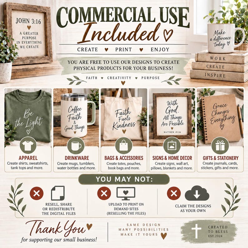 Puede incluir: Un gr&aacute;fico de licencia de uso comercial digital que presenta texto y ejemplos de productos f&iacute;sicos como una camiseta, taza, bolsa, letrero enmarcado y cuaderno. La imagen describe los permisos para crear productos f&iacute;sicos y las restricciones de archivos.
