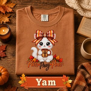 Casual Unisex Clothing Cozy Fall Wear Autumn Graphic Tee Kawaii Cat Design Halloween Apparel October Fashion White Cat Illustration Striped Coquette Bow Detail Cat Lover Gift Perfect Present Garment Dyed Shirt Comfortable Daily Outfit Seasonal Themed Christian Women Gift