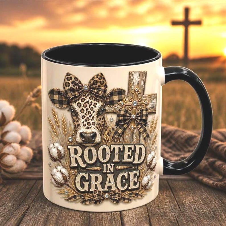 PNG File Transparent Background A ceramic mug with a black handle and rim featuring a graphic of a cow with a leopard print bow, a wooden cross, and cotton bolls. The text ROOTED IN GRACE is printed in the center. The design includes wheat stalks and small rhinestones. Digital sublimation design.
