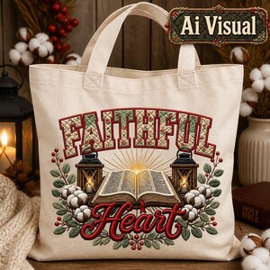 May include: A cream-colored canvas tote bag featuring a graphic print of an open book flanked by two lanterns, surrounded by cotton bolls and greenery. The text "FAITHFUL" appears in a quilted pattern above, with "Heart" in red script below.