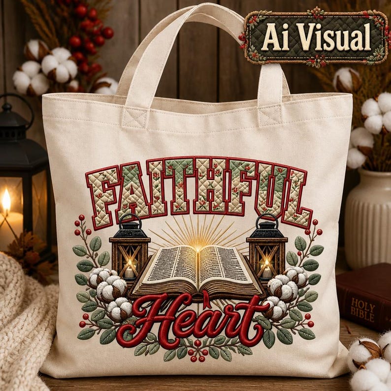May include: A cream-colored canvas tote bag featuring a graphic print of an open book flanked by two lanterns, surrounded by cotton bolls and greenery. The text "FAITHFUL" appears in a quilted pattern above, with "Heart" in red script below.