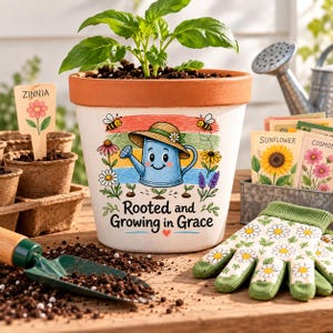 Christian garden watering‑can design with flowers, bees and sprouts, ‘Rooted and Growing in Grace’ inspirational message displayed in child’s potting scene with gloves, small gardening tool and seedling pot, digital PNG sublimation file.