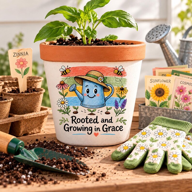 Christian garden watering‑can design with flowers, bees and sprouts, ‘Rooted and Growing in Grace’ inspirational message displayed in child’s potting scene with gloves, small gardening tool and seedling pot, digital PNG sublimation file.
