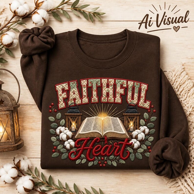 May include: A dark brown crewneck sweatshirt featuring a graphic print with the text "FAITHFUL Heart". The design includes an open book, two lanterns, and cotton sprigs. The word "FAITHFUL" has a quilted pattern, and "Heart" is in red script.