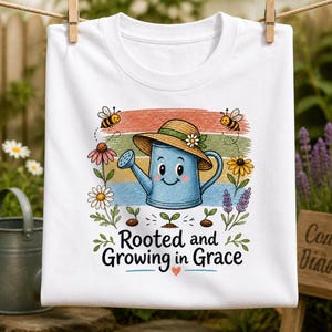 Christian garden watering‑can design with cheerful blue can, straw hat, flowers, bees and sprouts, ‘Rooted and Growing in Grace’ inspirational message on folded white T‑shirt, rustic farmhouse religious mom apparel, digital PNG sublimation download.