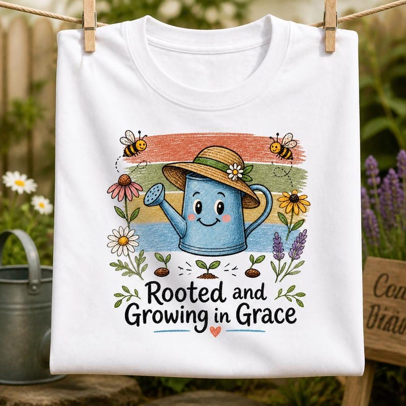 Christian garden watering‑can design with cheerful blue can, straw hat, flowers, bees and sprouts, ‘Rooted and Growing in Grace’ inspirational message on folded white T‑shirt, rustic farmhouse religious mom apparel, digital PNG sublimation download.