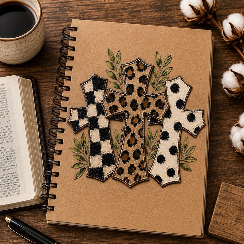 Digital sublimation instant download of A spiral-bound notebook or journal with a tan cover featuring three decorative crosses. The left cross has a black and white checkerboard pattern, the center cross has a brown leopard print, and the right cross has a white and black polka dot pattern. PNG file transfer.