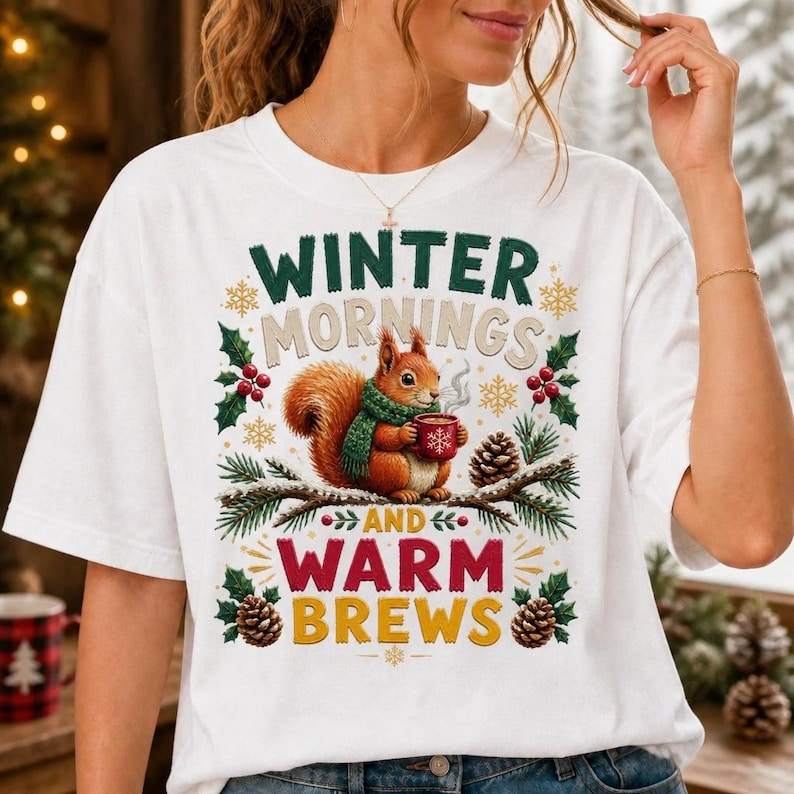 May include: A white t-shirt featuring a graphic of a squirrel wearing a green scarf and holding a red mug. The text reads "WINTER MORNINGS AND WARM BREWS" in green and yellow. The design includes pine branches, holly berries, and snowflakes.