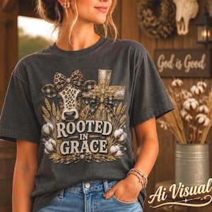 PNG File Transparent Background A charcoal gray t-shirt featuring a graphic of a cow with a leopard print pattern, a wooden cross, wheat stalks, and cotton bolls. The text "ROOTED IN GRACE" is printed in the center. The cow wears a plaid bow on its head. Digital Sublimation Design