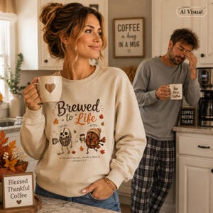 Illustrated Food Coffee Bean Stick Figure Sweater Cute Coffee Design Unisex Crewneck Apparel Fall Autumn Cozy Clothing Brewed To Life Characters Soft Comfortable Fabric Perfect Coffee Enthusiast Gift Seasonal Barista Wear Warm Midweight Construction Ribbed Collar Christian Women Christian Men Apparel